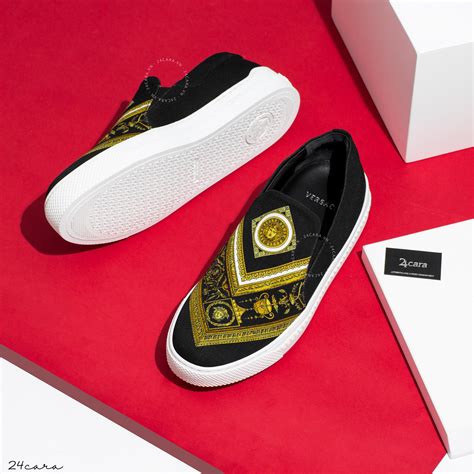 versace velvet slip-on sneaker with gold medusa head red|Versace suede slippers.